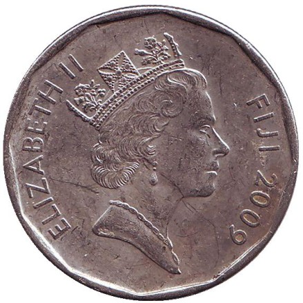 Монета 50 центов. 2009 год, Фиджи. Из обращения. Фиджийское каноэ Такиа (Каунитони). Монета 50 центов. 2009 год, Фиджи. Из обращения. Фиджийское каноэ Такиа (Каунитони).