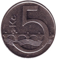 Монета 5 крон. 1994 год, Чехия. (Отметка: кленовый лист). Монета 5 крон. 1994 год, Чехия. (Отметка: кленовый лист).