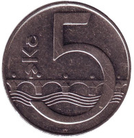 Монета 5 крон. 1994 год, Чехия. (Отметка: кленовый лист).