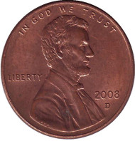 Монета 1 цент. 2008 год (D), США. Линкольн. Монета 1 цент. 2008 год (D), США. Линкольн.