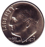 Монета 10 центов. 1975 (D) год, США. Рузвельт. Монета 10 центов. 1975 (D) год, США. Рузвельт.