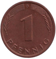 Монета 1 пфенниг. 1981 год (G), ФРГ. Дубовые листья. Монета 1 пфенниг. 1981 год (G), ФРГ. Дубовые листья.
