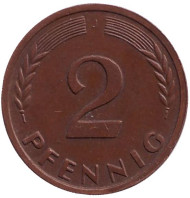 Монета 2 пфеннига. 1950 год (J), ФРГ. Дубовые листья. Монета 2 пфеннига. 1950 год (J), ФРГ. Дубовые листья.