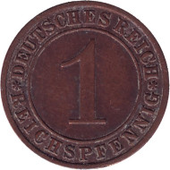 Монета 1 рейхспфенниг. 1927 год (F), Веймарская республика. Монета 1 рейхспфенниг. 1927 год (F), Веймарская республика.
