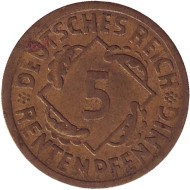 Монета 5 рентенпфеннигов 1924 год (Е), Веймарская республика. Монета 5 рентенпфеннигов 1924 год (Е), Веймарская республика.