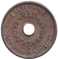 Монета 1 крона. 1951 год, Норвегия. (Ранний тип.) Монета 1 крона. 1951 год, Норвегия. (Ранний тип.)