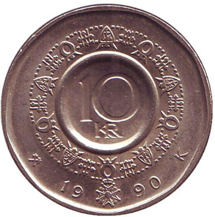 Монета 10 крон. 1990 год, Норвегия. Король Улаф V.