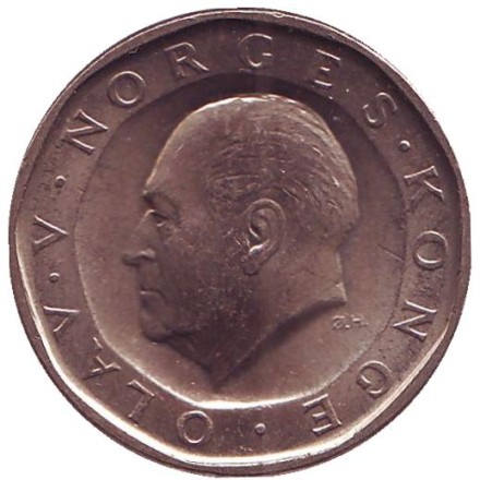 Монета 10 крон. 1990 год, Норвегия. Король Улаф V. Монета 10 крон. 1990 год, Норвегия. Король Улаф V.