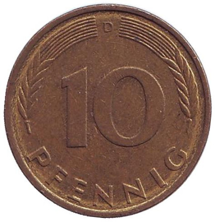 Монета 10 пфеннигов. 1986 год (D), ФРГ. Дубовые листья.