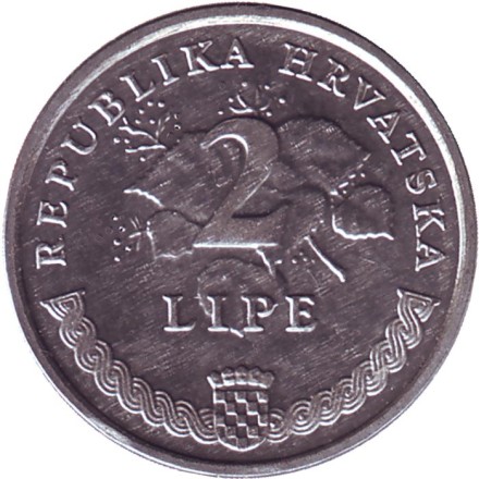 Монета 2 липы. 2009 год, Хорватия. Виноградная ветвь.