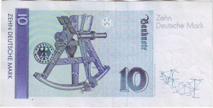 Банкнота 10 марок. 1991 год, ФРГ. Карл Фридрих Гаусс. Секстант. Банкнота 10 марок. 1991 год, ФРГ. Карл Фридрих Гаусс. Секстант.