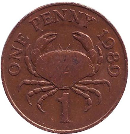 Монета 1 пенни, 1989 год, Гернси. Краб.