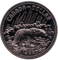 Монета 1 доллар. 1980 год, Канада. 100 лет Арктическим территориям. Полярный медведь.