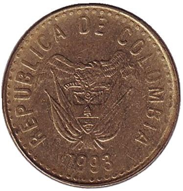 Монета 5 песо. 1993 год, Колумбия. Монета 5 песо. 1993 год, Колумбия.
