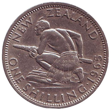 Монета 1 шиллинг. 1965 год, Новая Зеландия. Воин Маори.
