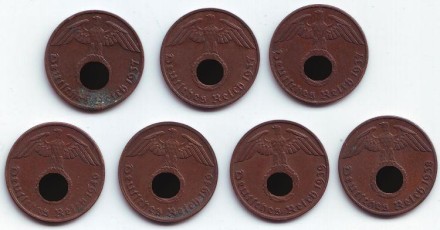 Набор (7 шт.) 1 рейхспфенниг 1937-1940 гг, Германия (Третий Рейх). Набор (7 шт.) 1 рейхспфенниг 1937-1940 гг, Германия (Третий Рейх).