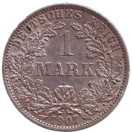 Монета 1 марка. 1907 год (A), Германская империя. Монета 1 марка. 1907 год (A), Германская империя.