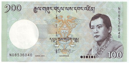 Банкнота 100 нгултрумов. 2011 год, Бутан. Монастырь Ташичо-дзонг. Банкнота 100 нгултрумов. 2011 год, Бутан. Монастырь Ташичо-дзонг.