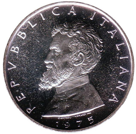 Монета 500 лир. 1975 год, Италия. Proof. 500 лет со дня рождения Микеланджело Буонарроти.