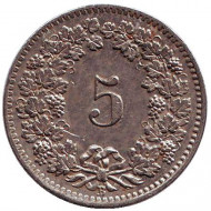 Монета 5 раппенов. 1908 год, Швейцария. Монета 5 раппенов. 1908 год, Швейцария.