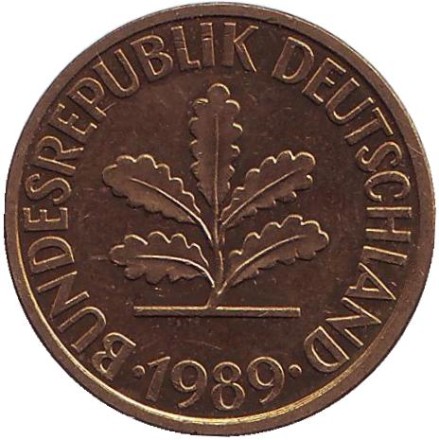 Монета 10 пфеннигов. 1989 год (D), ФРГ. Дубовые листья.