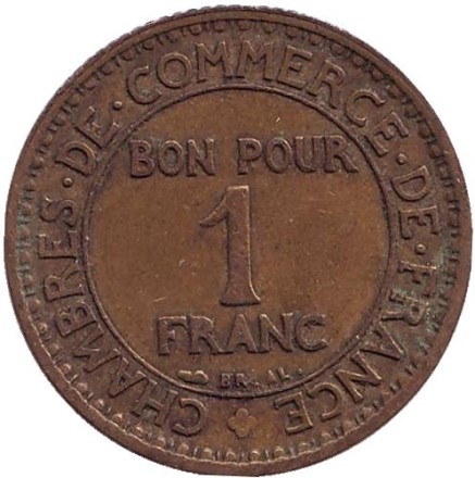 Монета 1 франк. 1927 год, Франция. Монета 1 франк. 1927 год, Франция.