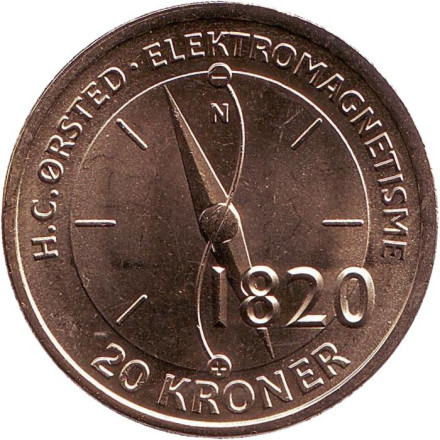 Монета 20 крон. 2013 год, Дания. Ханс Кристиан Эрстед.