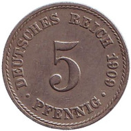 Монета 5 пфеннигов. 1909 год (A), Германская империя. Монета 5 пфеннигов. 1909 год (A), Германская империя.