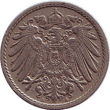 Монета 5 пфеннигов. 1909 год (A), Германская империя.