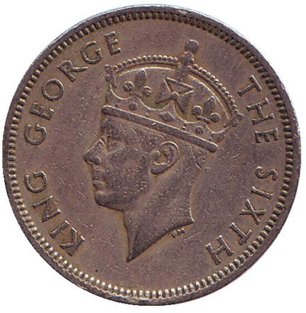 Монета 50 центов, 1951 год, Гонконг. (Ребристый гурт с желобом внутри)