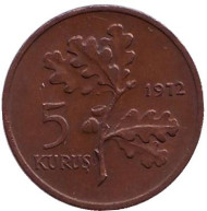 Монета 5 курушей. 1972 год, Турция. Дубовая ветвь. Монета 5 курушей. 1972 год, Турция. Дубовая ветвь.