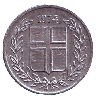 Монета 10 аураров. 1974 год, Исландия. Монета 10 аураров. 1974 год, Исландия.