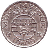 Монета 10 эскудо. 1970 год, Мозамбик в составе Португалии. Монета 10 эскудо. 1970 год, Мозамбик в составе Португалии.