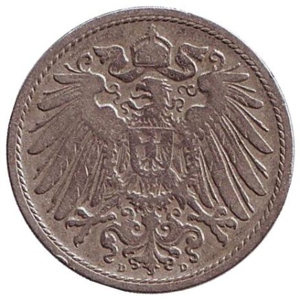 Монета 10 пфеннигов. 1901 год (D), Германская империя. Монета 10 пфеннигов. 1901 год (D), Германская империя.