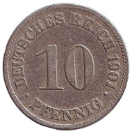 Монета 10 пфеннигов. 1901 год (D), Германская империя. Монета 10 пфеннигов. 1901 год (D), Германская империя.