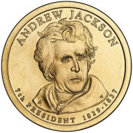 7-й президент США. Эндрю Джексон. Монетный двор P. 1 доллар, 2008 год, США. 7-й президент США. Эндрю Джексон. Монетный двор P. 1 доллар, 2008 год, США.