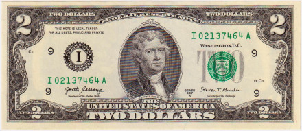 Банкнота  2 доллара. 2017 год, США.