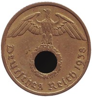 Монета 10 рейхспфеннигов. 1938 год, Германия (Третий Рейх). (A). Монета 10 рейхспфеннигов. 1938 год, Германия (Третий Рейх). (A).