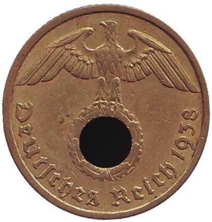 Монета 10 рейхспфеннигов. 1938 год, Германия (Третий Рейх). (A). Монета 10 рейхспфеннигов. 1938 год, Германия (Третий Рейх). (A).