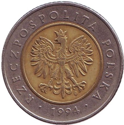 Монета 5 злотых. 1994 год, Польша. Монета 5 злотых. 1994 год, Польша.