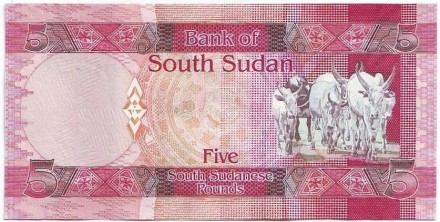 Банкнота 5 фунтов. 2011 год, Южный Судан. Джон Гаранг де Мабиор. Стадо крупного рогатого скота. Банкнота 5 фунтов. 2011 год, Южный Судан. Джон Гаранг де Мабиор. Стадо крупного рогатого скота.
