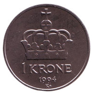 Монета 1 крона. 1994 год, Норвегия. UNC. Корона. Монета 1 крона. 1994 год, Норвегия. UNC. Корона.