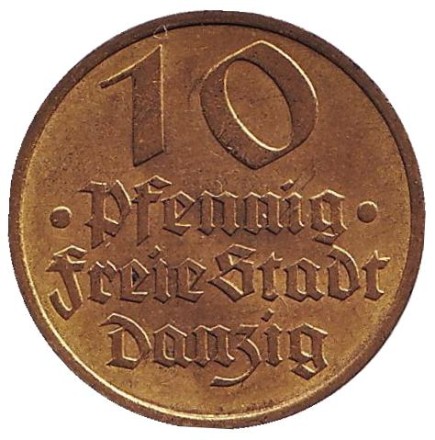 Монета 10 пфеннигов. 1932 год, Данциг. Треска.