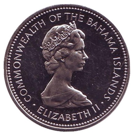 Монета 25 центов. 1973 год, Багамские острова. Proof. Парусник. Монета 25 центов. 1973 год, Багамские острова. Proof. Парусник.