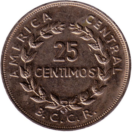 Монета 25 сантимов. 1974 год, Коста-Рика.