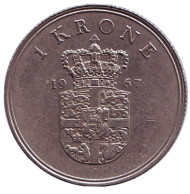 Монета 1 крона. 1967 год, Дания. Монета 1 крона. 1967 год, Дания.