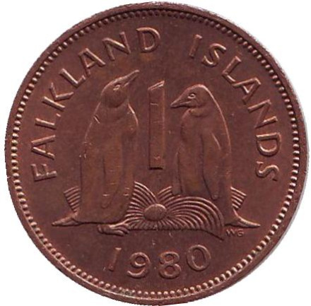 Монета 1 пенни. 1980 год, Фолклендские острова. Субантарктические пингвины.