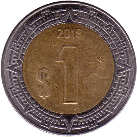 Монета 1 песо. 2018 год, Мексика.
