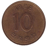 Монета 10 вон. 1988 год, Южная Корея. Монета 10 вон. 1988 год, Южная Корея.