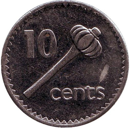 Монета 10 центов. 1992 год, Фиджи. Метательная дубинка - ула тава тава.